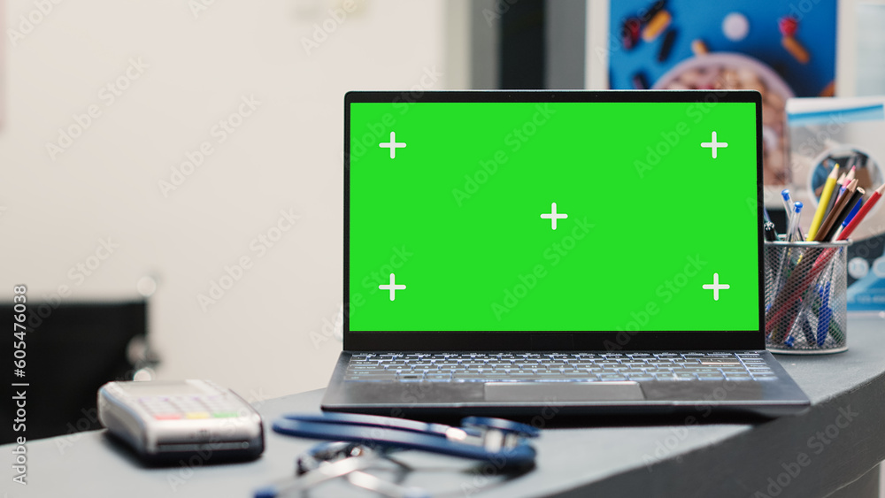 Poster empty front desk with green screen on pc, hospital reception counter running isolated chroma key tem