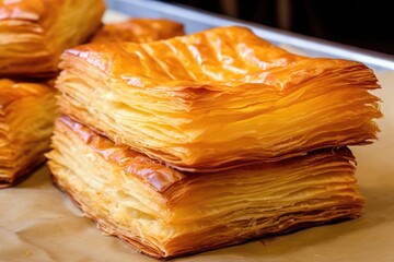 Puff pastry is a flaky light pastry made from a lamina Food photography
