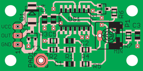 Vector printed circuit board of an electronic 
device with components of radio elements, 
conductors and contact pads placed on it. 
Engineering drawing of a pcb.