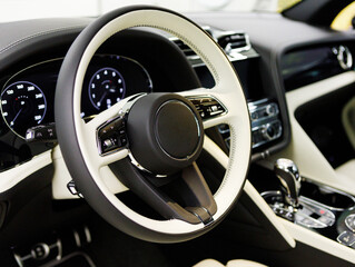 Luxury car interior. Steering wheel, shift lever and dashboard