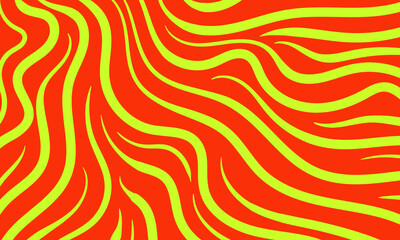 Abstract iridescent pattern of wavy green lines. Composition with red background. Vector illustration, EPS 10. Hippie and psychedelia. Copy space. Funky style.