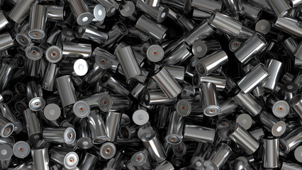 High-capacity Lithium-ion 4680 Batteries waste, accumulator cell recycling plant, Battery scrapyard, Toxic Heavy metal pollution, Automotive Technology, Environmental Conservation, 3d render