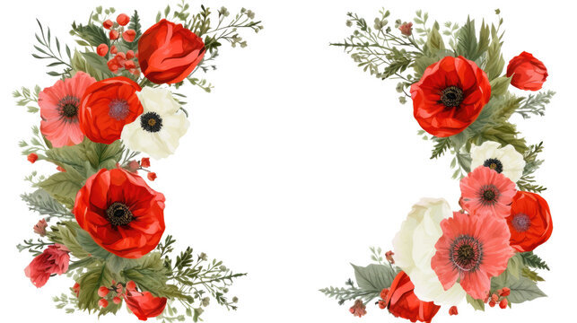 botanical wreaths with vibrant poppy flowers as a frame border, isolated with copyspace