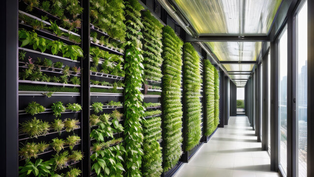 corridor with Vertical farming on the walls. generative ai