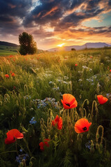 Wild flower field, golden hour. AI generative