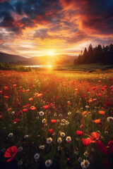 Wild flower field, golden hour. AI generative