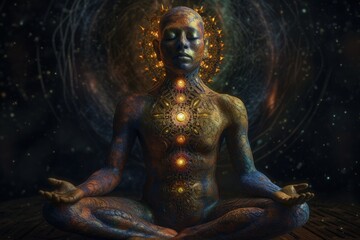 Fototapeta premium Human chakra, buddhism, meditating. Refers to energy points in your body. Chakra therapies, yoga, healing. Disks, of spinning energy to certain nerve bundles and major organs. Generative AI