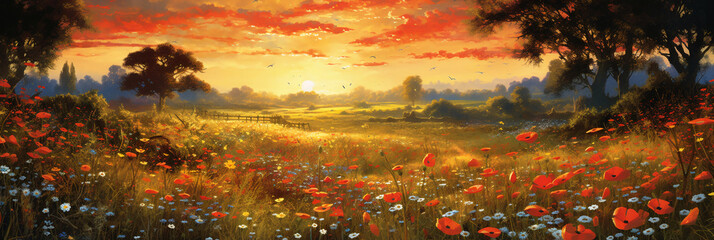 Wild flower field, golden hour. AI generative