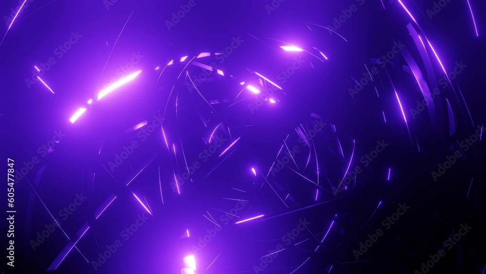 Poster 3d render. intersection of wire with purple neon glow on faces crossing each other. abstract sci fi 