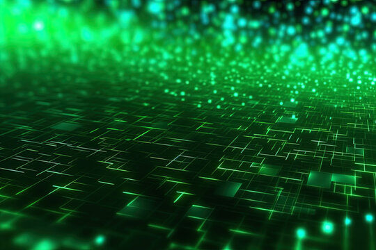 Generative AI. Abstract Green Background With Golden Sparkles And Neon Light Effects. Techy Background.