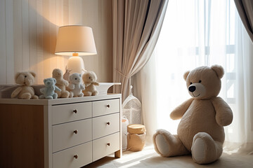 Fototapeta na wymiar table with a plush toy bear in the baby room, creative ai