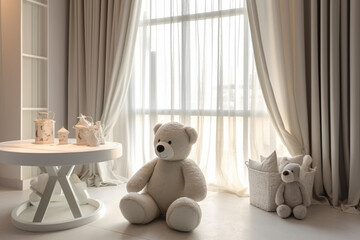 table with a plush toy bear in the baby room, creative ai