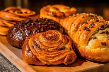 Viennoiserie with choco chips Viennoiserie are French baked goods made from a yeast Food photography