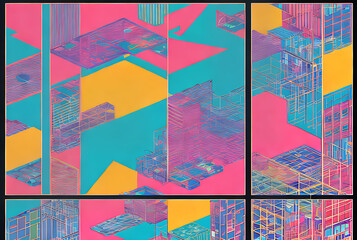Rectangular abstract geometric panels with neon magic.