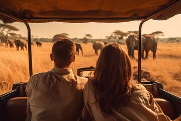 point of view shot a couple in a safari vehicle looking at elephants - obrazy, fototapety, plakaty