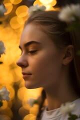 Fototapeta premium Seitliches Portrait einer braunhaarigen jungen Frau vor gelbem Hintergrund (Generative AI, KI)