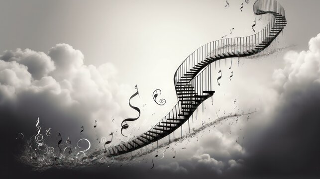 abstract background steps staircase going up with musical signs hovering in the air.the concept of creating music and melody. Generative AI