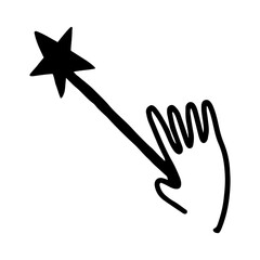 Hand drawn design of hand holding magic wand with black star in doodle style