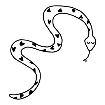 Hand drawn design of snake with hearts picture in doodle style