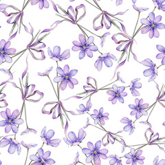 Seamless pattern watercolor spring flowers. Scilla. Coppice, hepatica - first spring flowers. Illustration of delicate lilac flowers. Primroses, the anemones. forest flowers liverwort