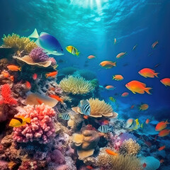 Fototapeta na wymiar Group of colorful fish and sea animals with colorful coral underwater in ocean. Generative AI
