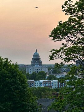 Prospect Terrace Park Skyline in the College Hill Neighborhood, Capital City of Providence, Rhode Island, RI USA, State House, Helicopter Sunset