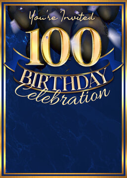 100th Birthday Party Invitation Template Blue Gold Design