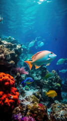 Fototapeta na wymiar Group of colorful fish and sea animals with colorful coral underwater in ocean. Generative AI