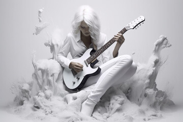 abstract white background with a picture of a young woman enjoying playing the guitar. the magic of music. Generative AI 