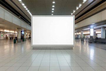 An empty blank billboard advertising poster in an airport terminal. Generative ai
