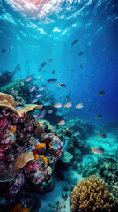 Group of colorful fish and sea animals with colorful coral underwater in ocean. Generative AI