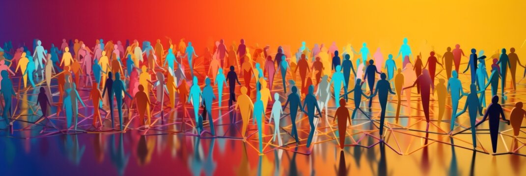 A chain of figures of people connected by lines. Cooperation and interaction between people. Dissemination of information in society, contacts, connections. Social contacts. Generative AI