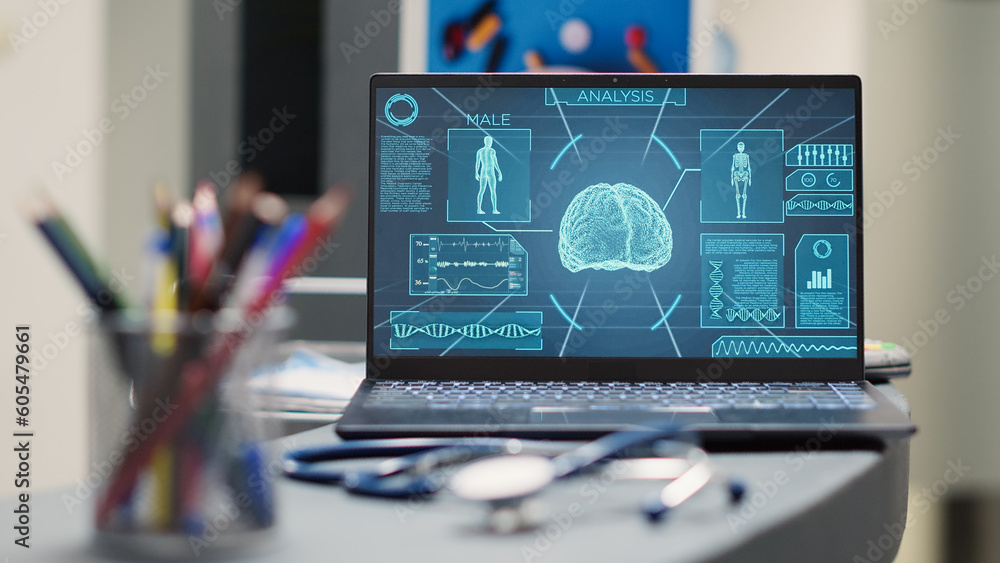Poster empty counter with brain x ray scan in medical facility lobby, laptop placed on registration front d