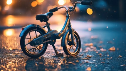 Obraz premium Close-up of a children's bicycle on a city street. bicycle on the roadway without a child . life insurance and protection concept.Generative AI