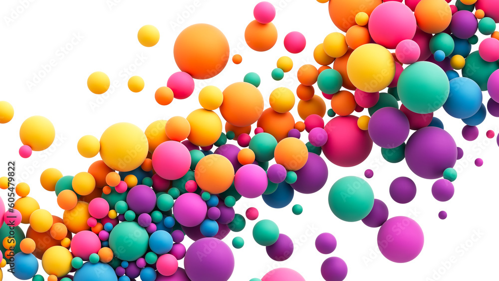 Poster abstract composition with many colorful random flying spheres isolated on transparent background. co