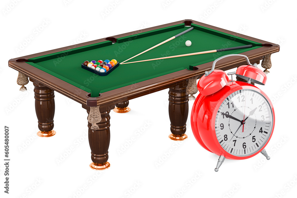 Poster billiard table with balls and cue with alarm clock, 3d rendering