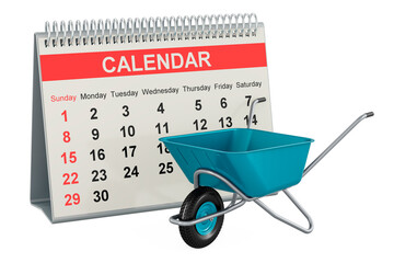 Garden wheelbarrow with desk calendar, 3D rendering