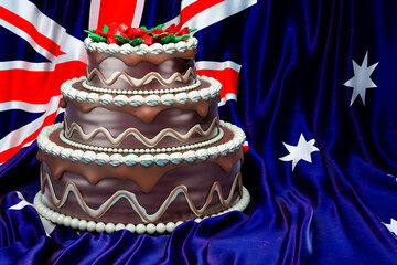 Chocolate cake on the Australian flag background, 3D rendering