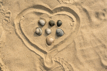 Sand am Strand von Norderney mit gesammelten Muscheln, gemaltes Herz