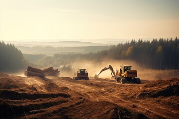 Deforestation, forest being clear-cut with logging machinery. Negative impact on forests, biodiversity loss, habitat destruction, environmental degradation caused by deforestation. AI Generative.