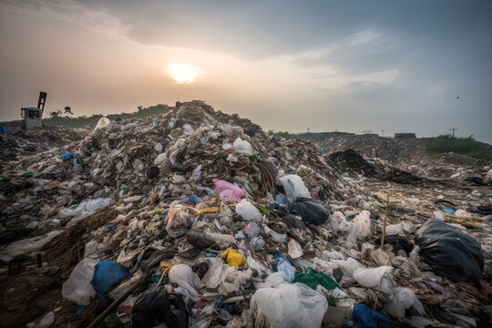Plastic waste, plastic pollution problem. A landfill overflowing with plastic bottles, bags, and other discarded items. Save planet, ecology, recycling. AI Generative.