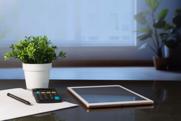 Tablet on desk with blurred interior apartment background, business concept