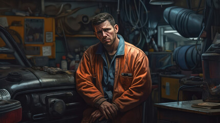 Obraz na płótnie Canvas Master of Machines: Portrait of a Male Mechanic in an Auto Repair Shop, Generative AI