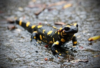 salamander on a wet road - obrazy, fototapety, plakaty