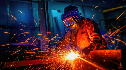 The welder is dressed in appropriate protective equipment for welding, performs the process of welding metal, producing numerous sparks. Generative AI - obrazy, fototapety, plakaty