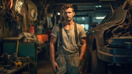 Obraz na płótnie Canvas Master of Machines: Portrait of a Male Mechanic in an Auto Repair Shop, Generative AI