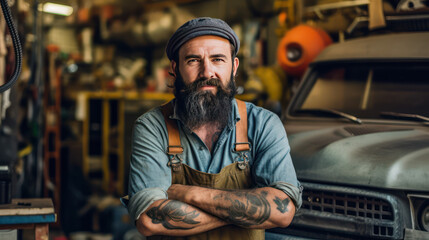 Fototapeta na wymiar Master of Machines: Portrait of a Male Mechanic in an Auto Repair Shop, Generative AI