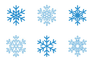 snowflakes icon set over white background, flat style, vector illustration. 6 snowflake icon in soft sky blue color. Suitable for Christmas design, winter season, etc