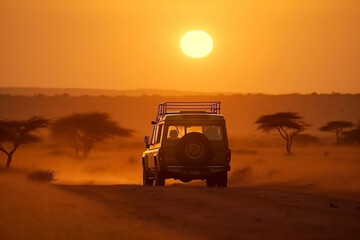 Fototapeta na wymiar Safari vehicle driving through savanna sunset