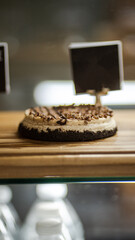 chocolate cheesecake on cafeteria counter for sale
